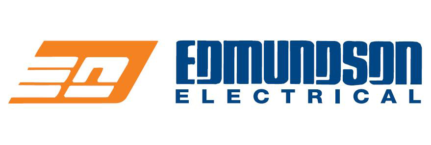 Logo of Edmundson Electrical featuring a stylized orange "E" graphic on the left and bold blue text "EDMUNDSON ELECTRICAL" on the right.