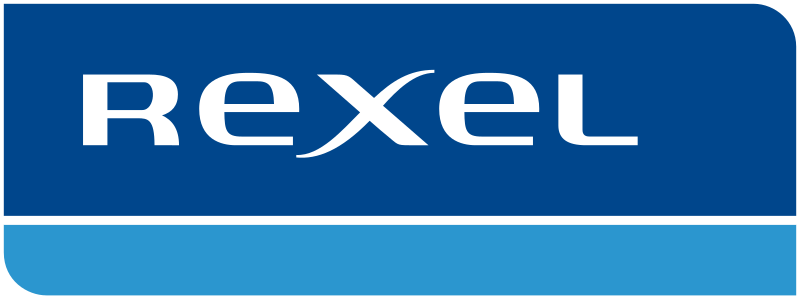 Logo with the word "Rexel" in white text on a dark blue background, featuring a lighter blue stripe along the bottom.