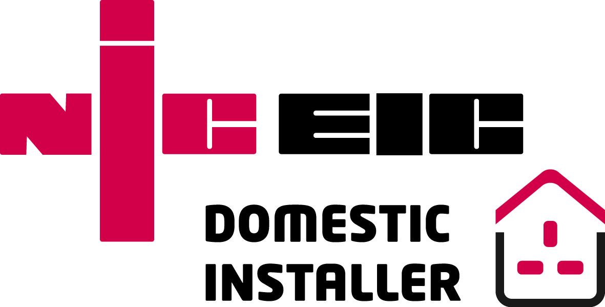 Logo of NICEIC Domestic Installer featuring bold red and black text. The design includes a stylized plug integrated into a house shape on the right side.