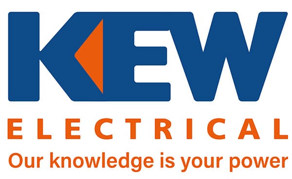 Logo of KEW Electrical with the text "Our knowledge is your power" in orange. The initials "KEW" are in bold blue, with the "E" featuring an orange arrow in the middle.