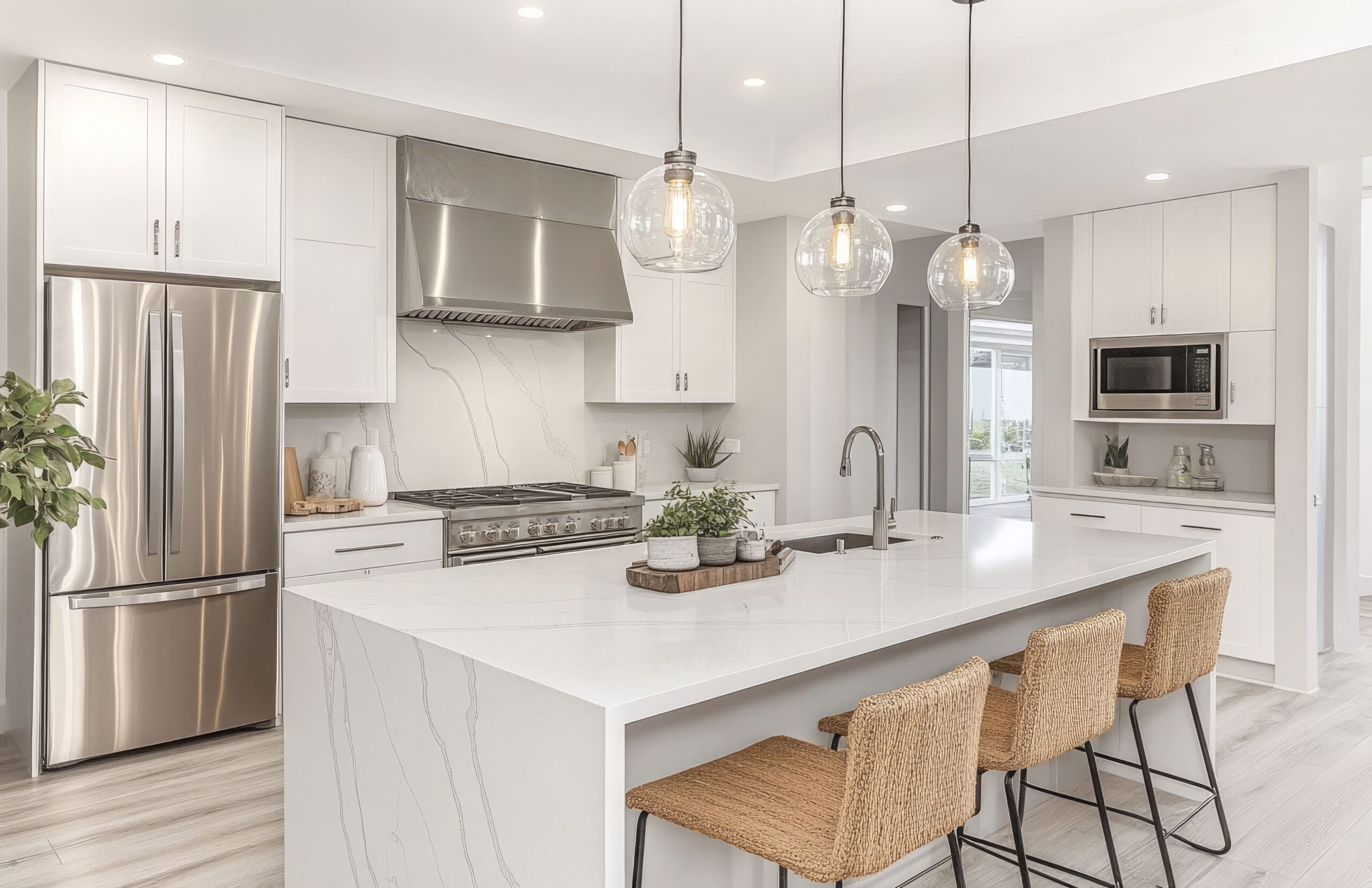 A modern kitchen with a large white island, three wicker barstools, pendant lights, and stainless steel appliances. The backsplash is marble, and there is a built-in microwave and oven. A plant adds a touch of greenery.