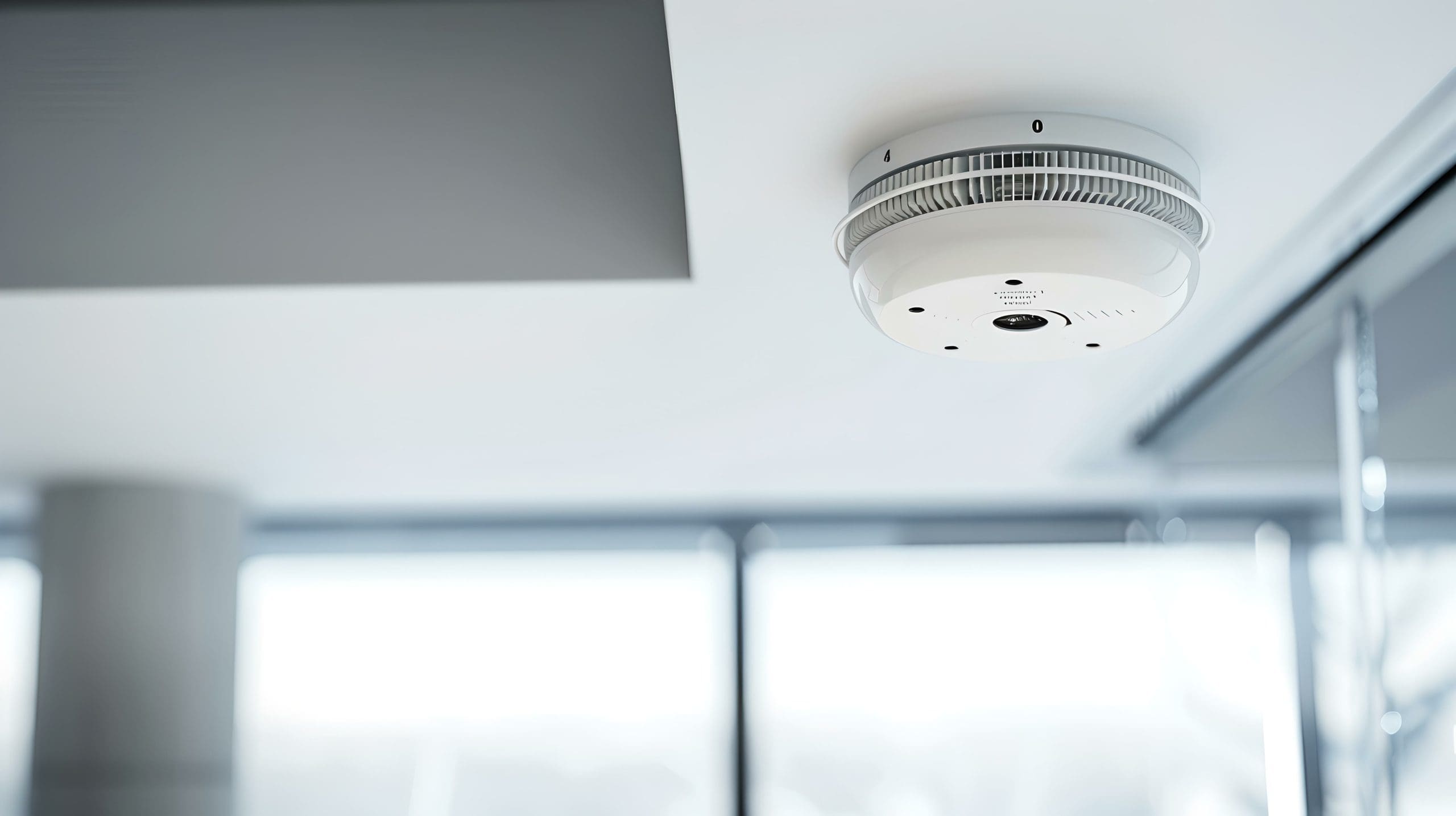 A close-up of a ceiling-mounted smoke detector in a bright room with large windows. The device is circular and white, attached to a smooth, white ceiling. Blurred outdoor scenery is visible through the windows.